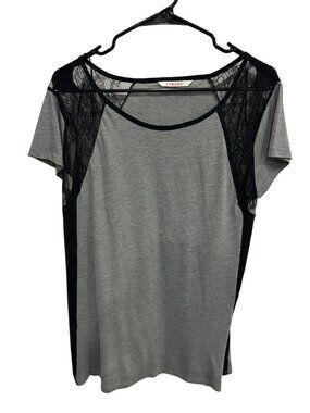 Camaïeu Gray Medium Black Lace Accent Scoop Neck Short Sleeve Top Whimsigoth